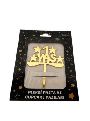 GOLD 1 YAŞ YILDIZLI PLEKSİ PASTA SÜSÜ - Görsel 1