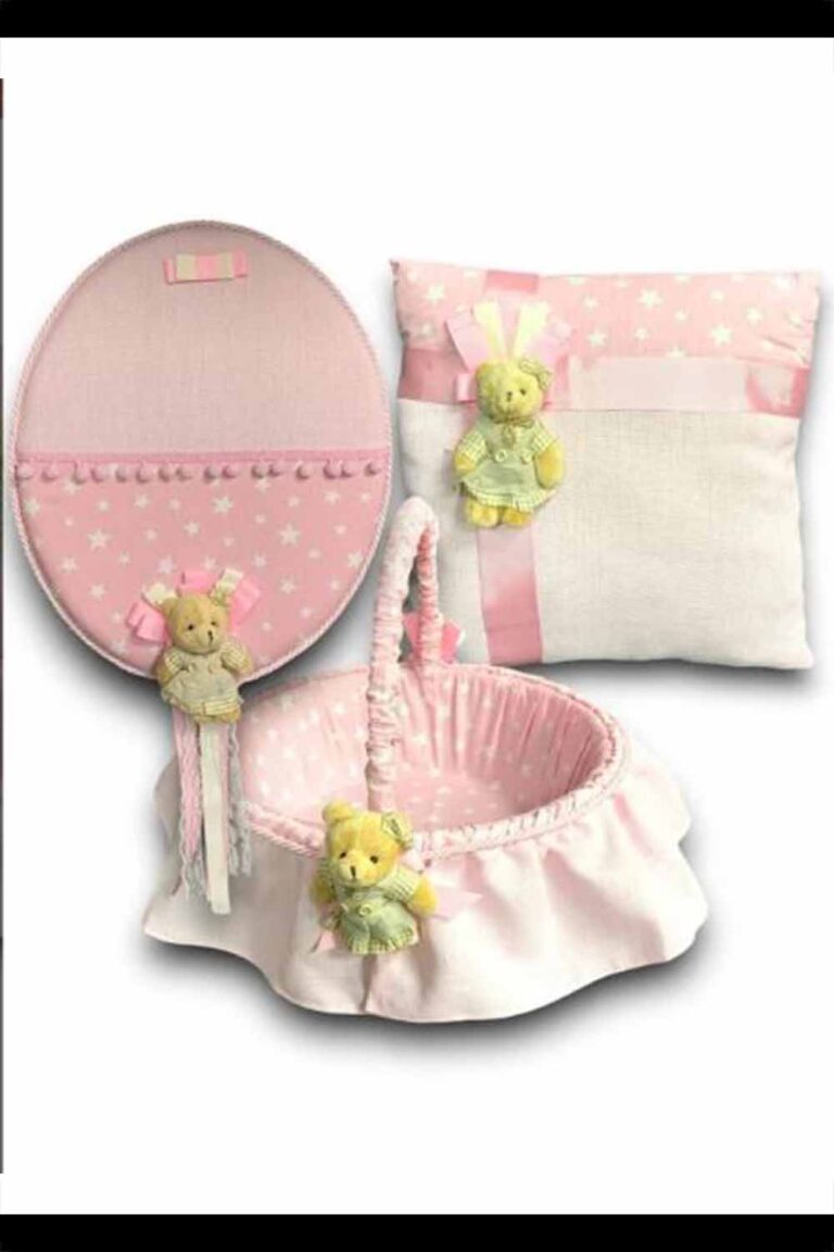 PEMBE AYICIKLI BEBEK SETİ 3'LÜ TAKIM YASTIK KAPI SÜSÜ SEPET