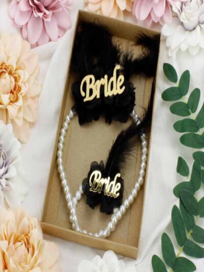 Bride Taç Ve Bileklik İncili Tüylü Kumaş Güllü Set Gold Gümüş