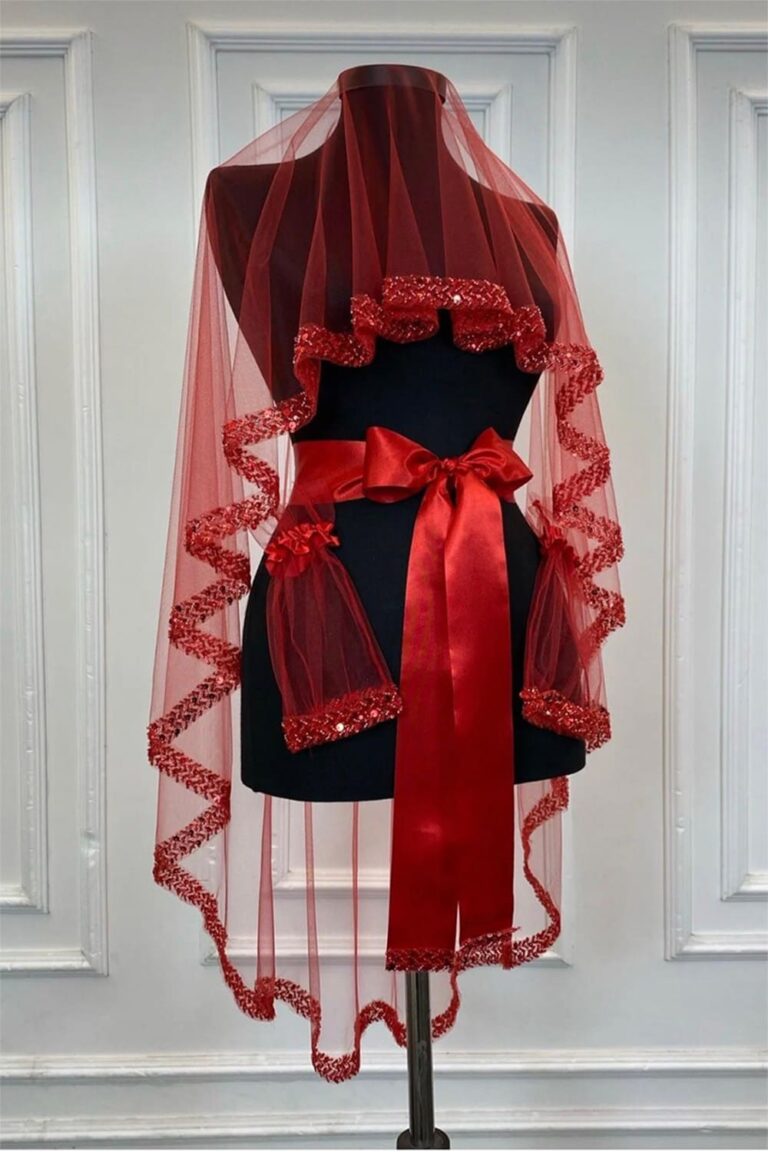 kırmızı Pul Payetli Boncuklu Model Duvak 3’lü Set